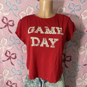 Juniors Game Day Distressed Midriff Crop MmMmMm Size Medium Short Sleeve Shirt